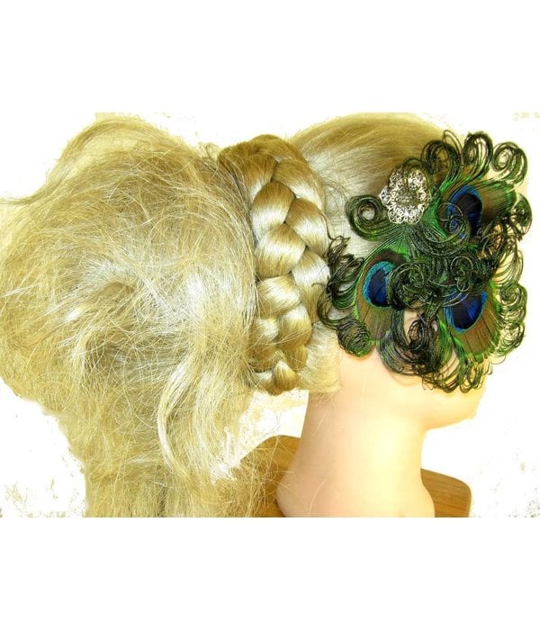 Peacock Feather Headpiece - silver flower