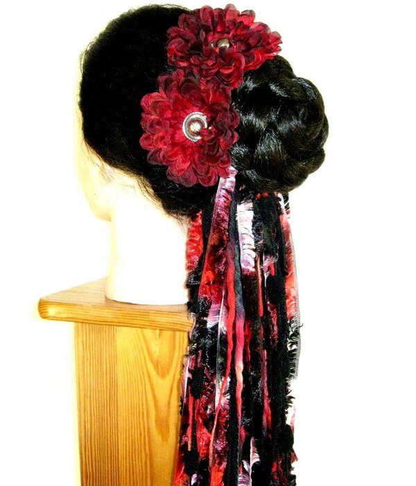 Black Red Button Hair Flower 2 x