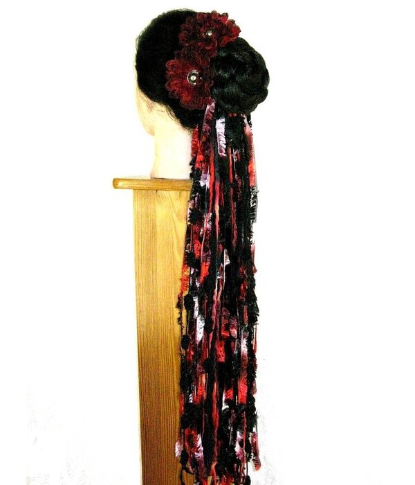Black Red Button Hair Flower 2 x