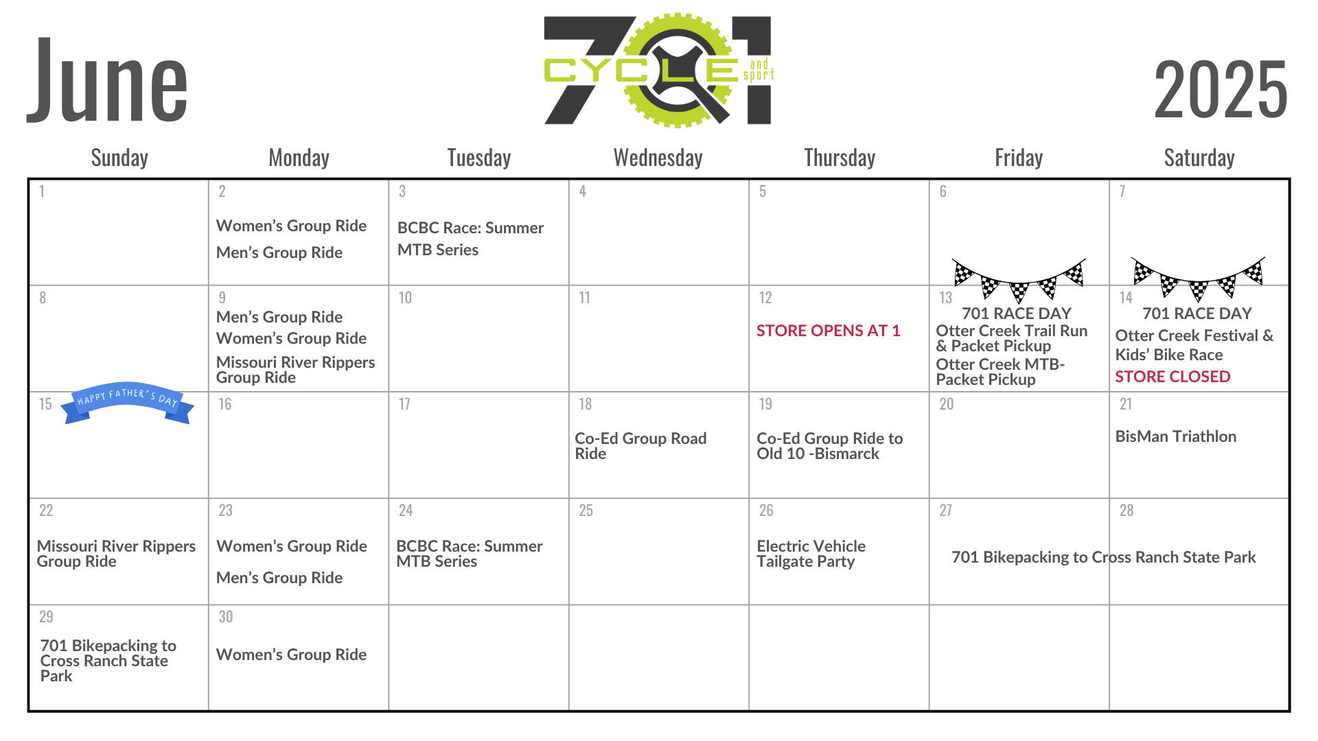 701 Cycle & Sport Monthly Event Calendar