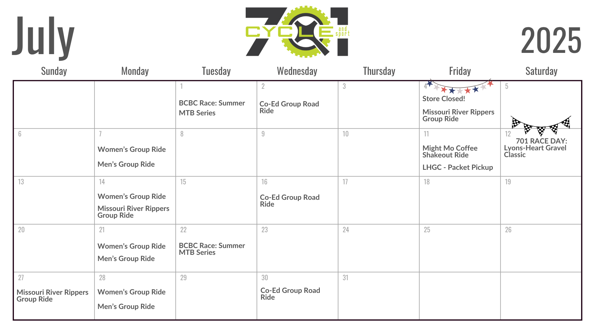 701 Cycle & Sport Monthly Event Calendar