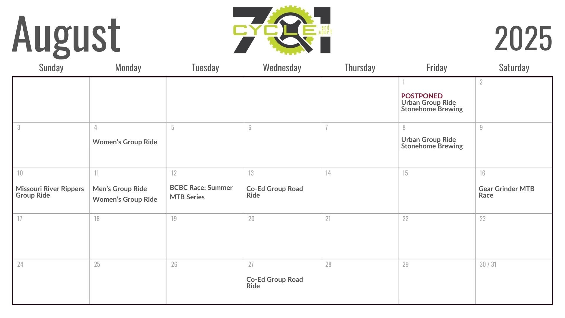 701 Cycle & Sport Monthly Event Calendar