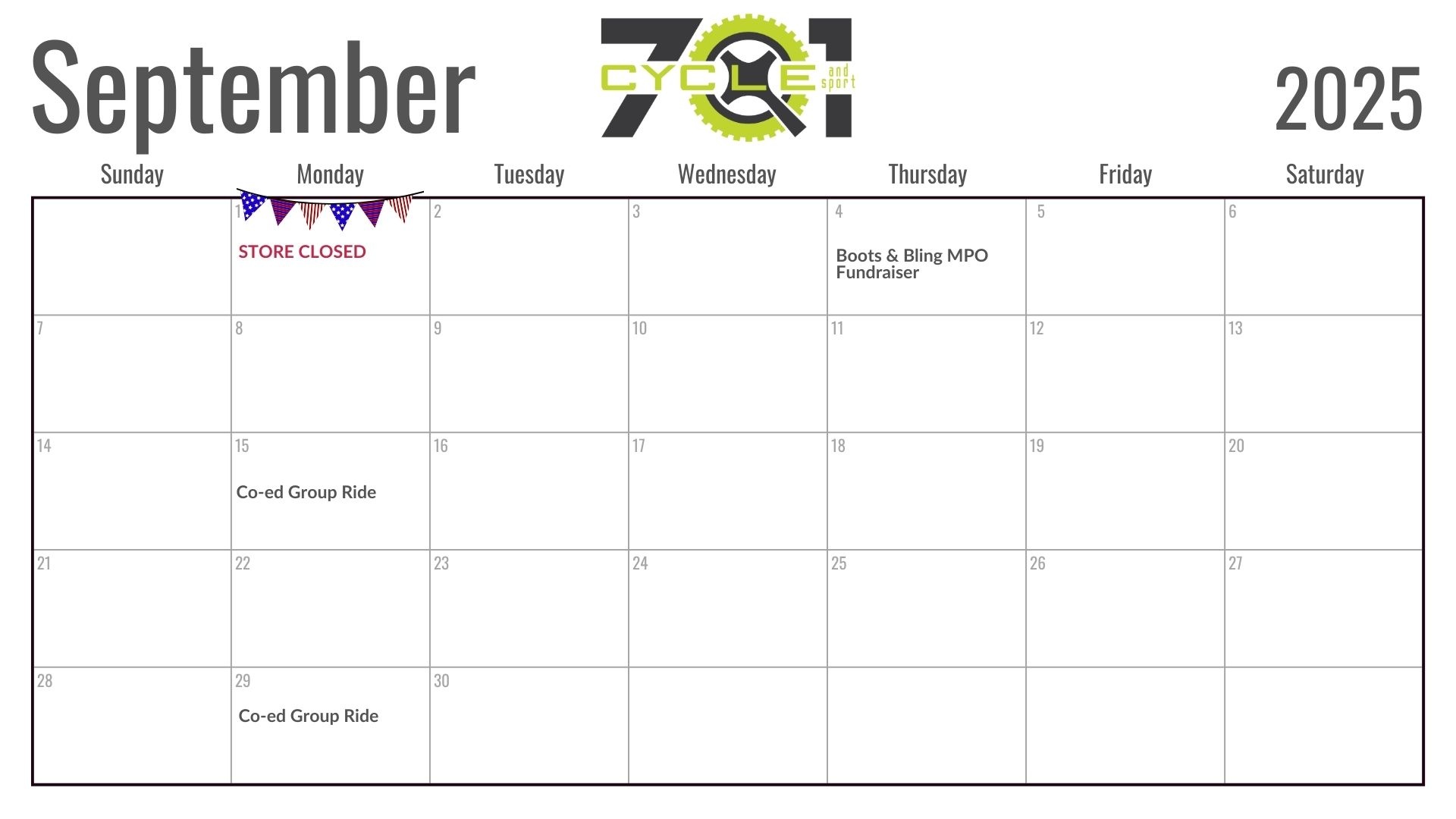 701 Cycle & Sport Monthly Event Calendar