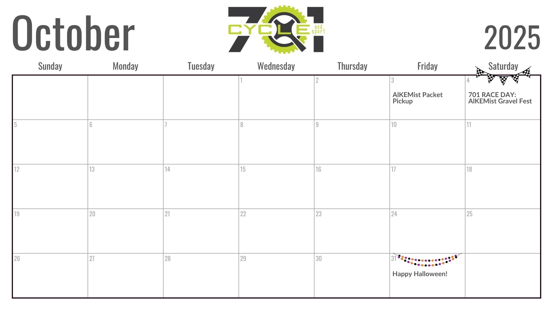 701 Cycle & Sport Monthly Event Calendar