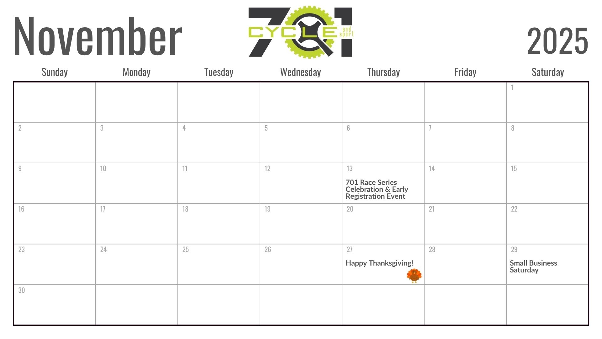 701 Cycle & Sport Monthly Event Calendar