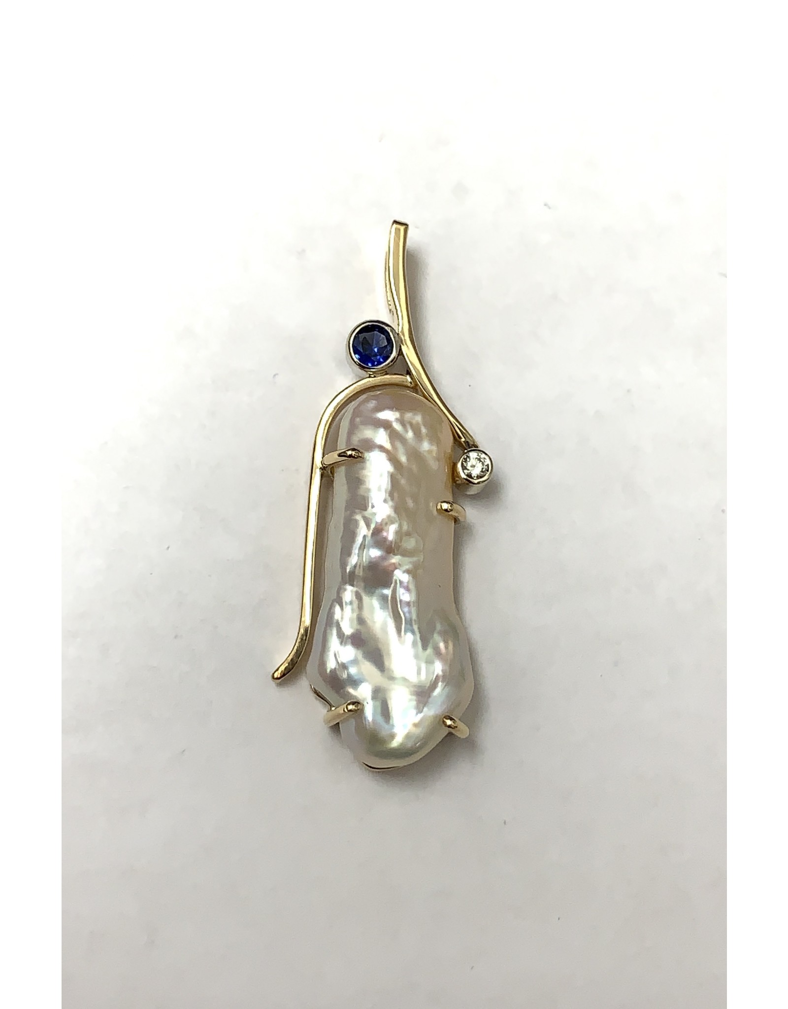 Freeform Pearl, Sapphire & Diamond Pendant 10KY/14KW