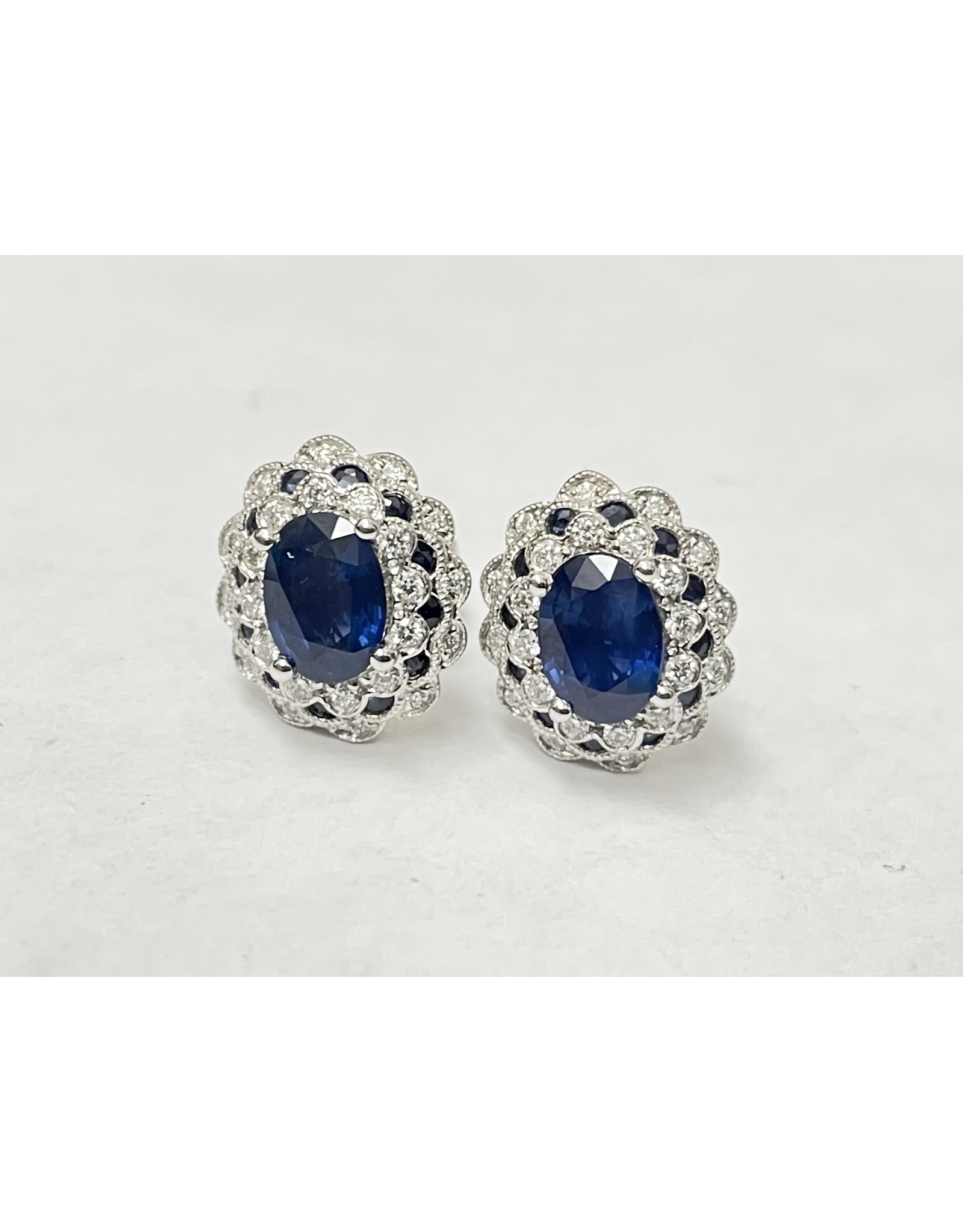 Vintage Style Cluster Sapphire & Diamond Stud Earrings 18KW