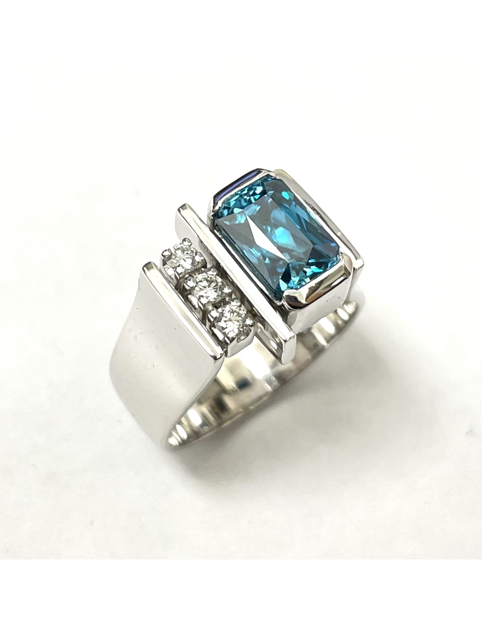 Custom Blue Zircon & Diamond Ring 14KW