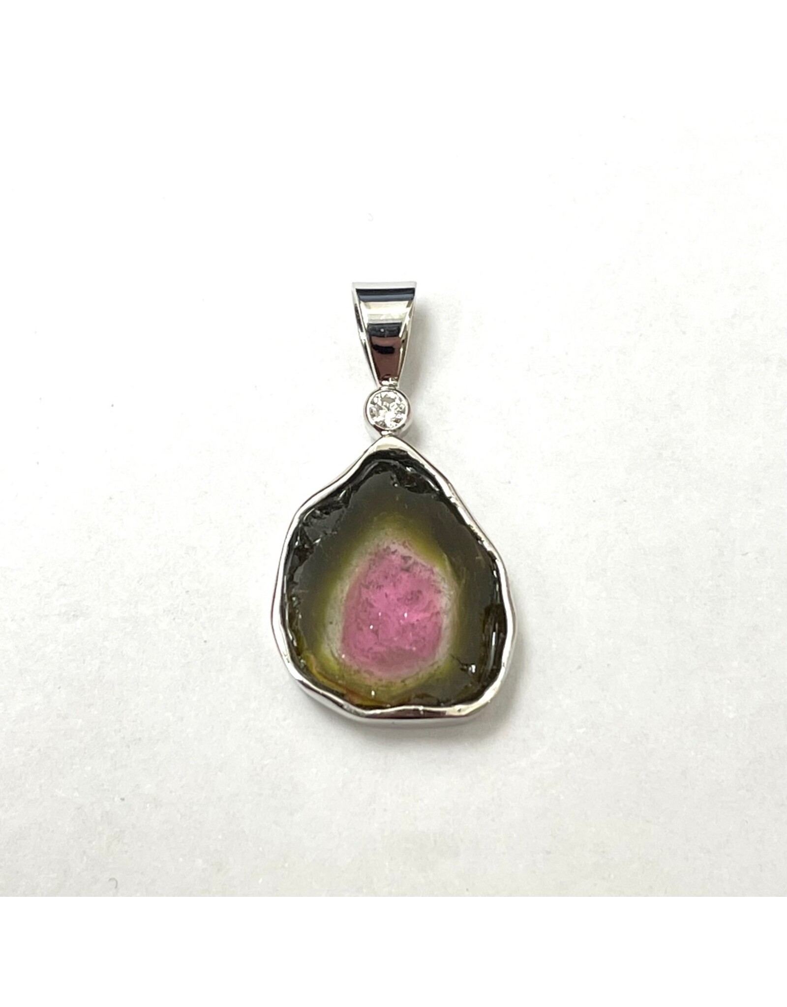 Custom Tourmaline Slice & Diamond Pendant 14KW