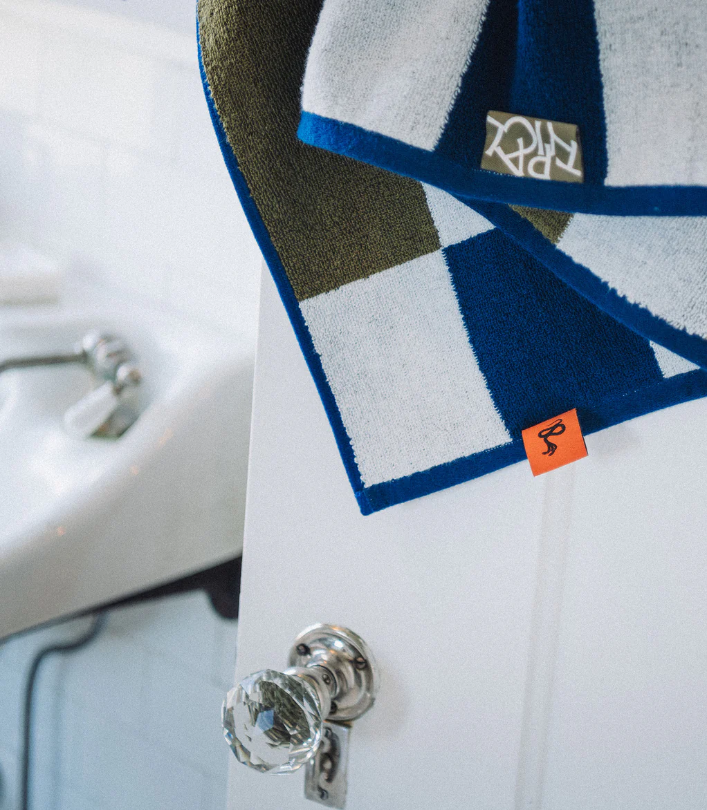 Typical Offset Stripe Navy, Moss + White Stretch Bath Towel