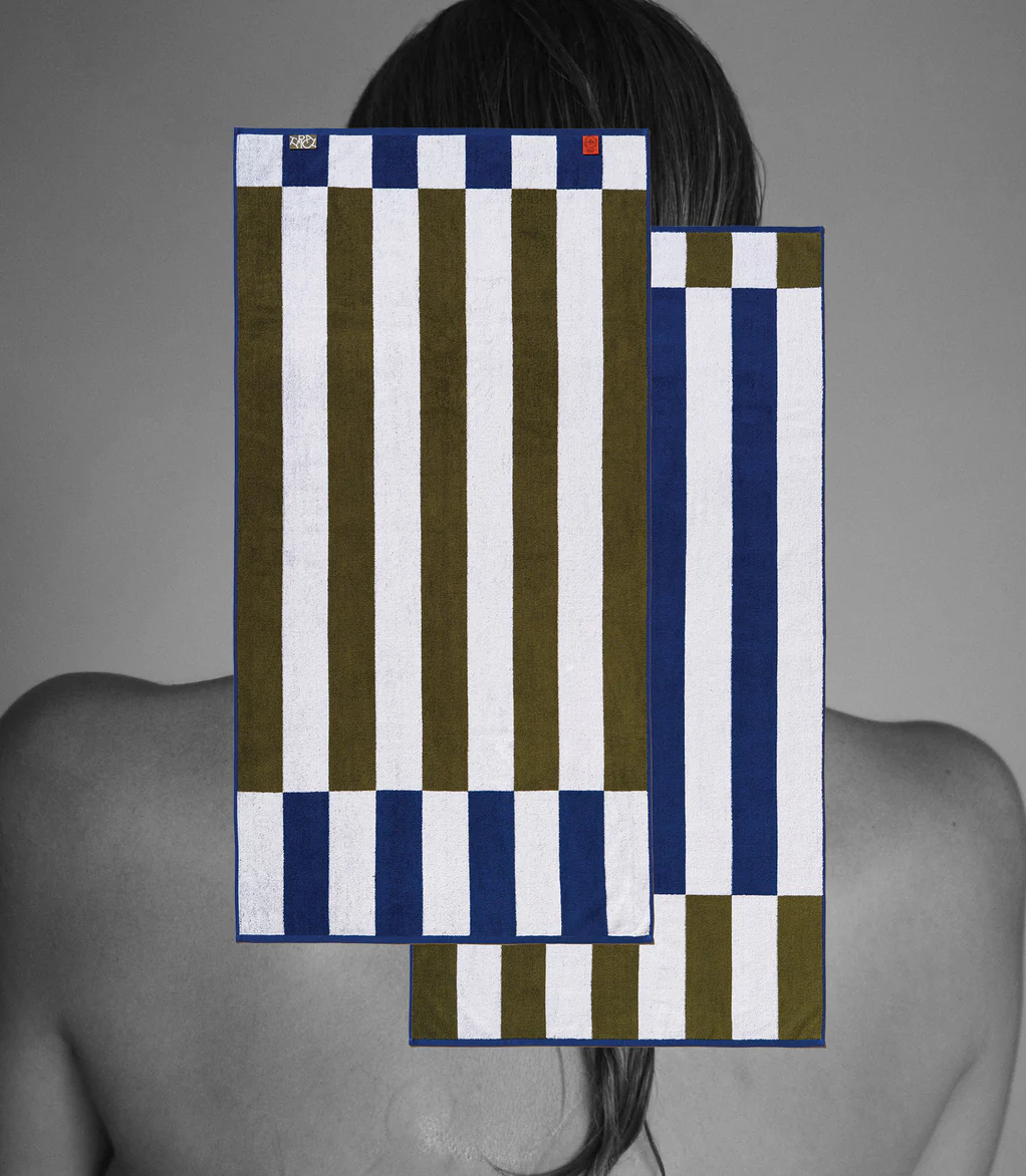 Typical Offset Stripe Navy, Moss + White Stretch Bath Towel