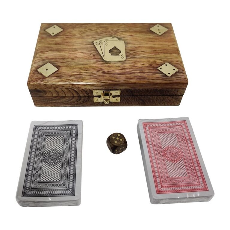 Boîte de bois avec 2 jeux de cartes et dés