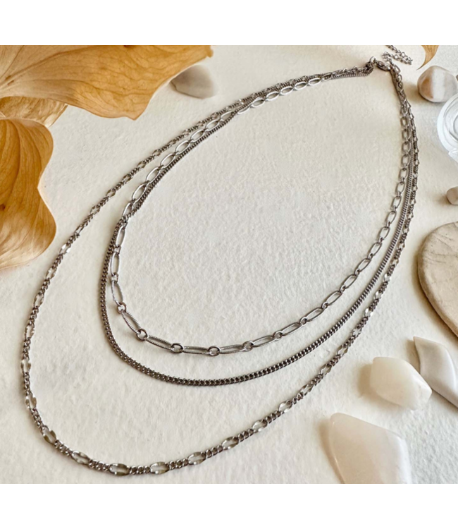 Pika & Bear "Nanaimo" Triple Layer Chain Necklace -Silver