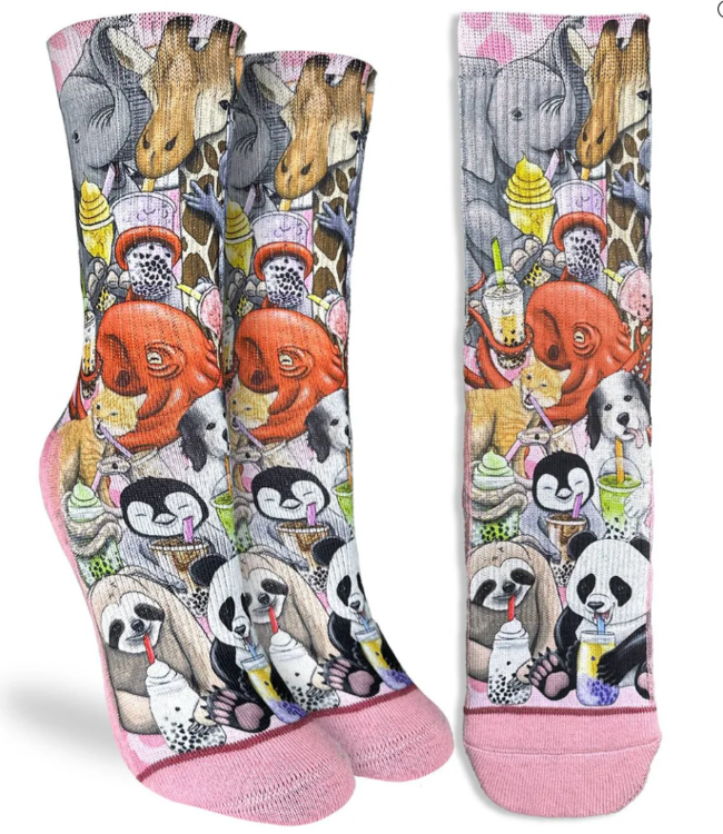 Good Luck Sock Women's Animals Drinking Bubble Tea-  Size 5-9