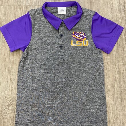 College Cool LSU Dry Fit Polo Shirts {Grey w/ Purple Sleeves}