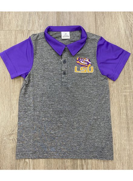 College Cool LSU Dry Fit Polo Shirts ~ Grey w/ Purple Sleeves