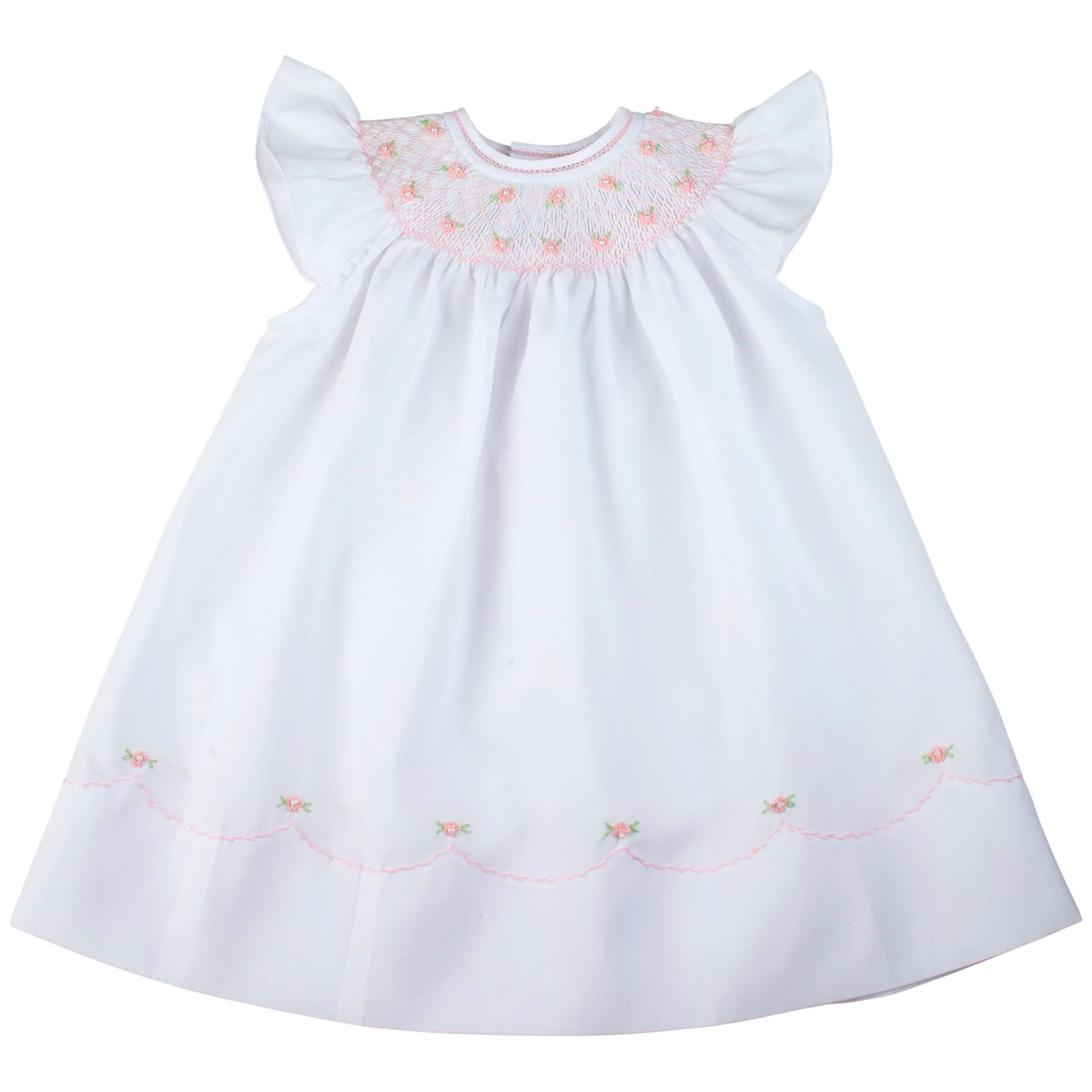 86553 Pearl Flower Fly Sleeve Bishop Dress White/Pink - Ethan's