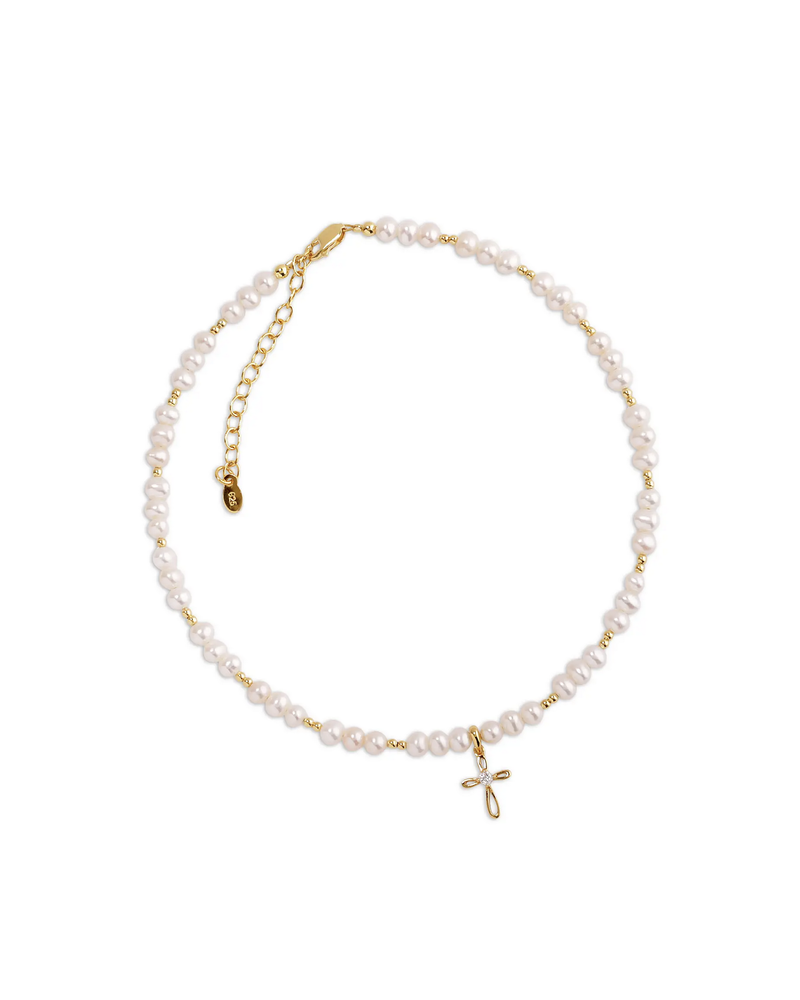 Cherished Moments Pearl w/ Cross Necklace {14K Gold Plated/12-14"}