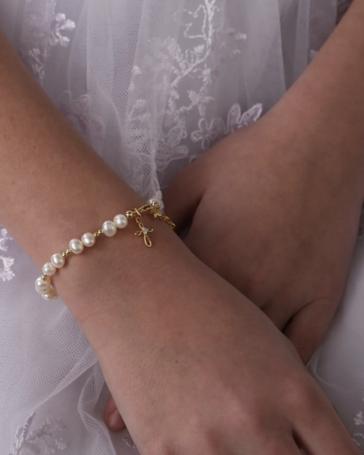 Baptism Bracelet w/ Cross {14k Gold Plated}