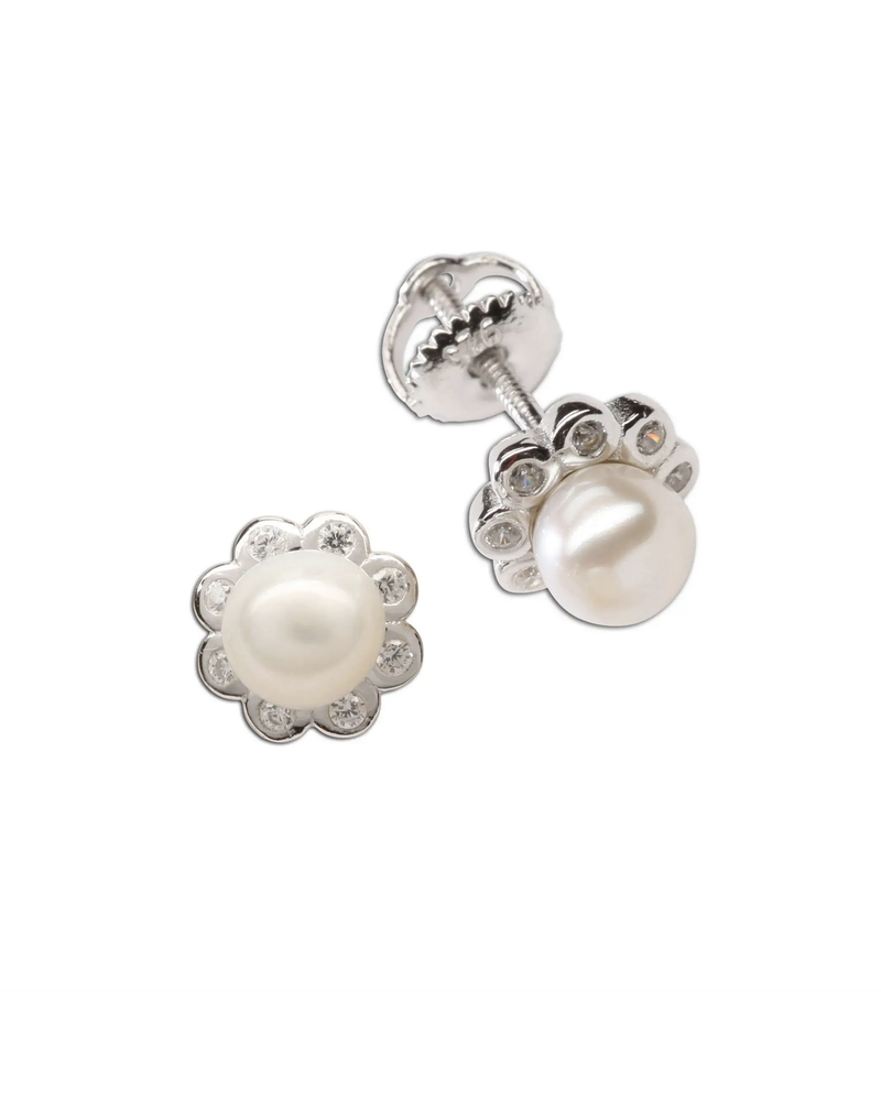 Cherished Moments White Pearl Button Earrings  {S. Silver}