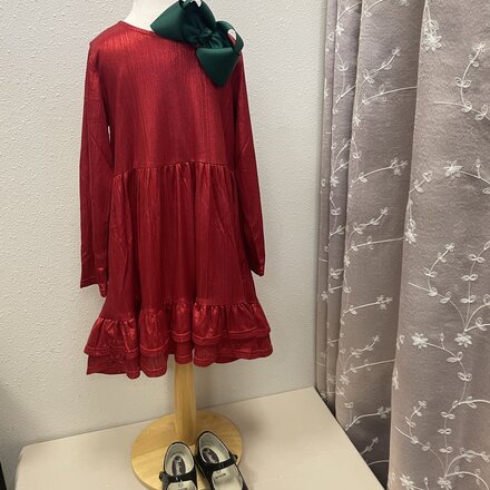 M.L. Kids FD0078 Shimmer Long Sleeve Dress {Red} Tween
