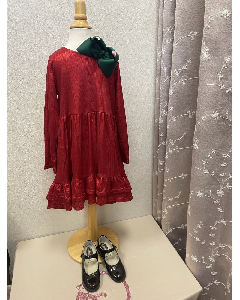 M.L. Kids FD0078 Shimmer Long Sleeve Dress {Red} Tween