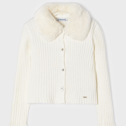 Mayoral Knit Cardigan w/ Fur Collar {Ivory}