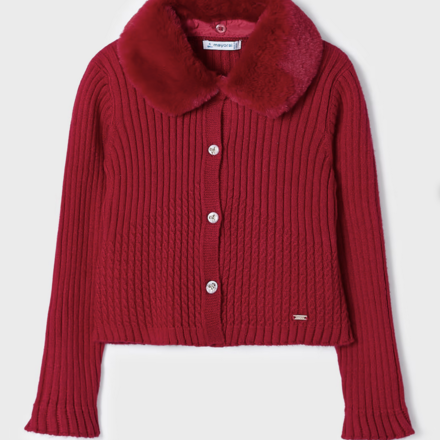 Mayoral Knit Cardigan w/ Fur Collar {Red}