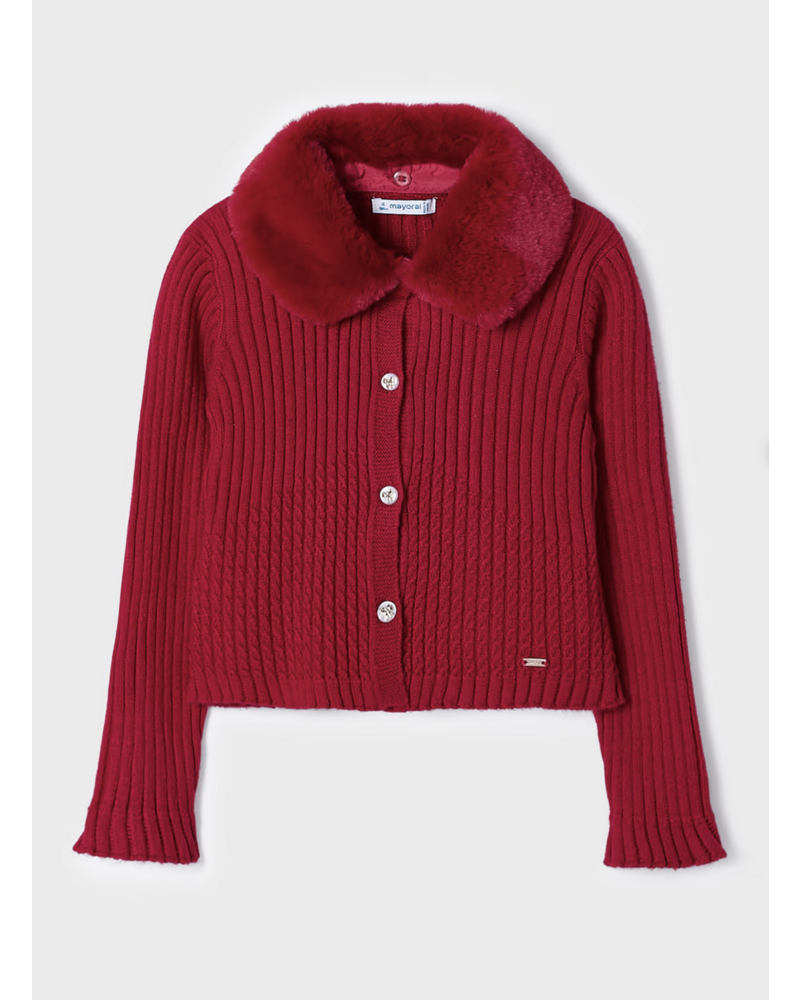 Mayoral Knit Cardigan w/ Fur Collar {Red}