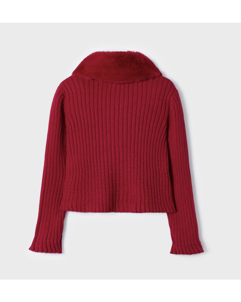 Mayoral Knit Cardigan w/ Fur Collar {Red}