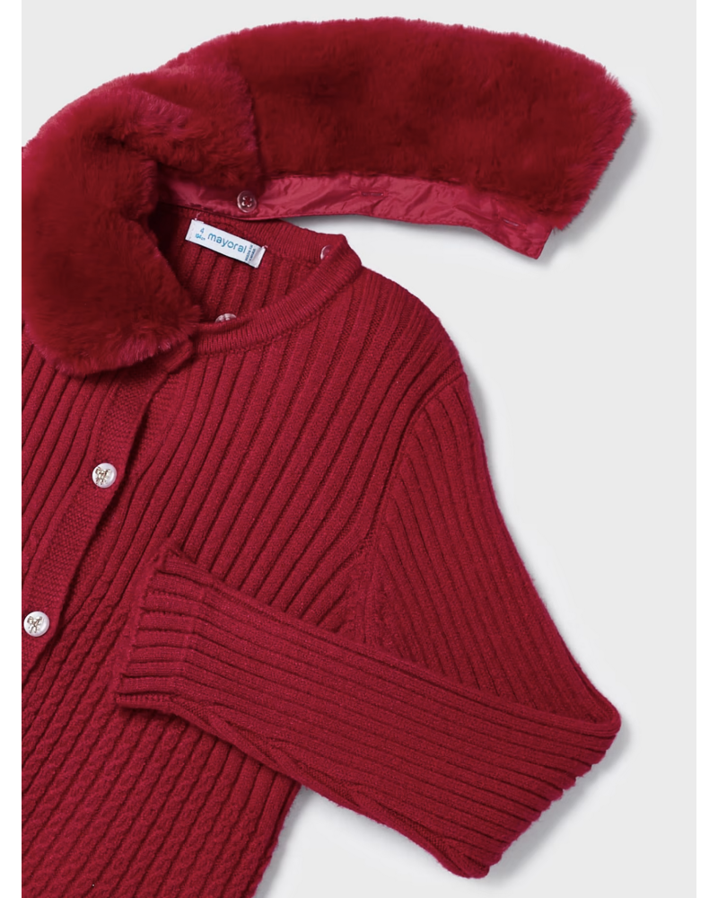Mayoral Knit Cardigan w/ Fur Collar {Red} F23