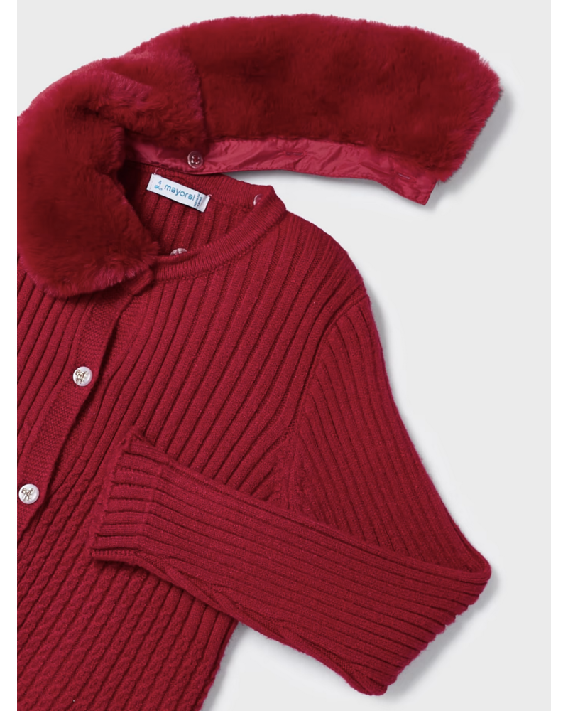 Mayoral Knit Cardigan w/ Fur Collar {Red}
