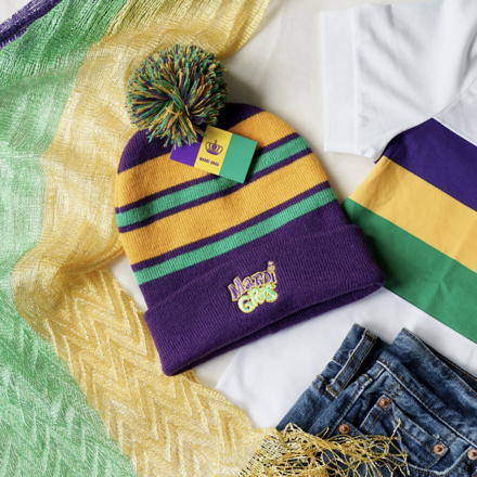 42POPS Embroidered Mardi Gras Striped Beanie {Purple}