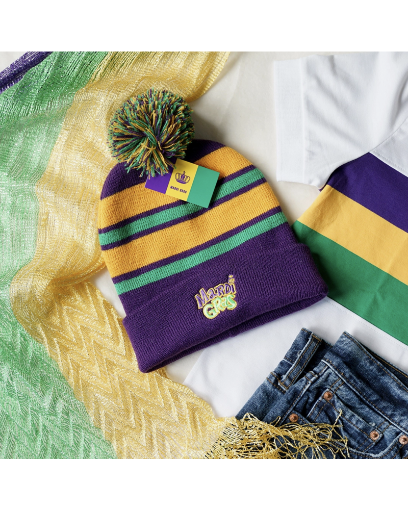 42POPS Embroidered Mardi Gras Striped Beanie {Purple}