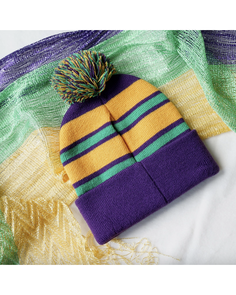 42POPS Embroidered Mardi Gras Striped Beanie {Purple}