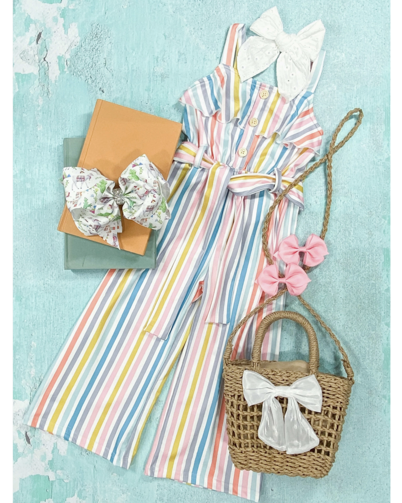 The Hair Bow Company Pastel Stripe Belted Romper {Multi/Wht} S24