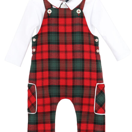 Sophie & Lucas Tartan Tidings Overall Set {Red/Grn}