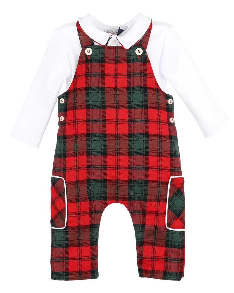 Sophie & Lucas Tartan Tidings Overall Set {Red/Grn}