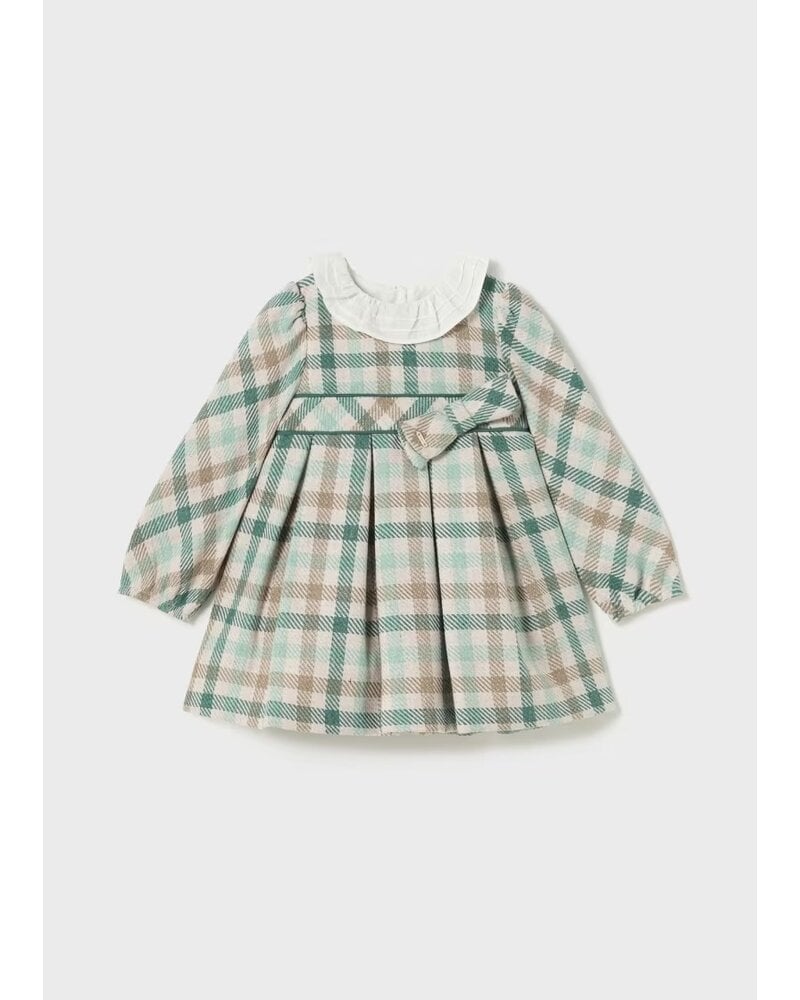 Mayoral Plaid Ruffle Collar Dress w/ Bow {Jade/Tan}