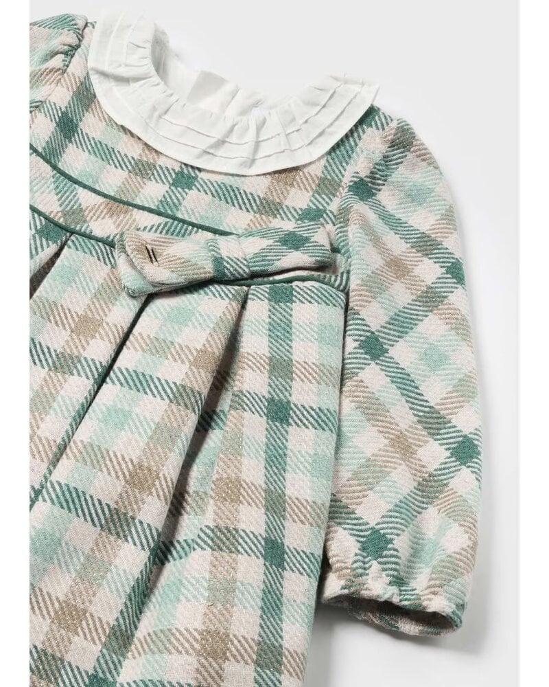 Mayoral Plaid Ruffle Collar Dress w/ Bow {Jade/Tan}