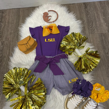 LSU Tigers Emb Tank/Short Set {Wht/Purp Gingham} F24