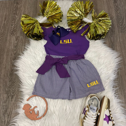 LSU Tigers Emb Tank/Skirt Set {Wht/Purp Gingham} F24