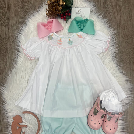 Emma Ornament Smock Bloomer Set  {Wht/Mint}