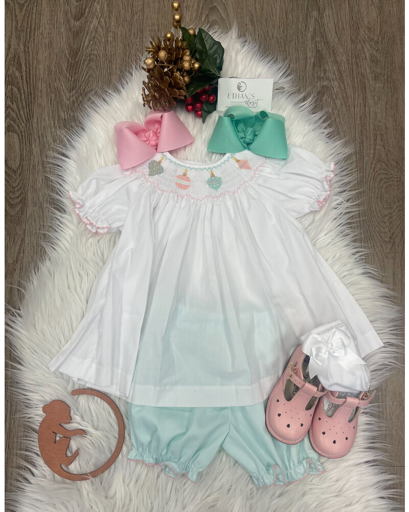 Emma Ornament Smock Bloomer Set  {Wht/Mint}