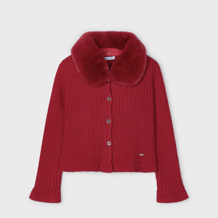 Mayoral Faux Fur Collar Cardigan {Cherry}