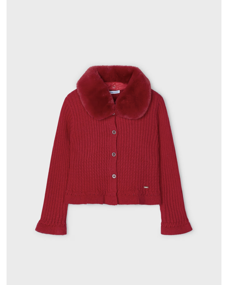 Mayoral Faux Fur Collar Cardigan {Cherry}