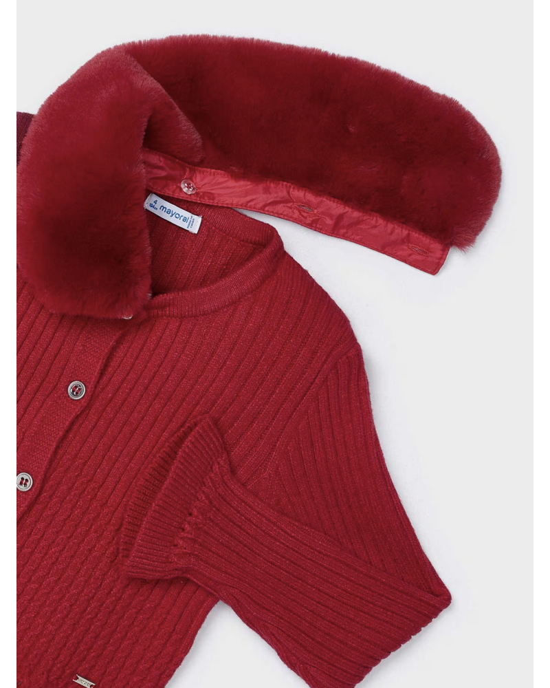 Mayoral Faux Fur Collar Cardigan {Cherry}