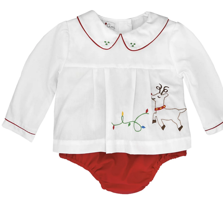 Petit Ami Reindeer Embroidered L/S Diaper Set {Wht/Red}