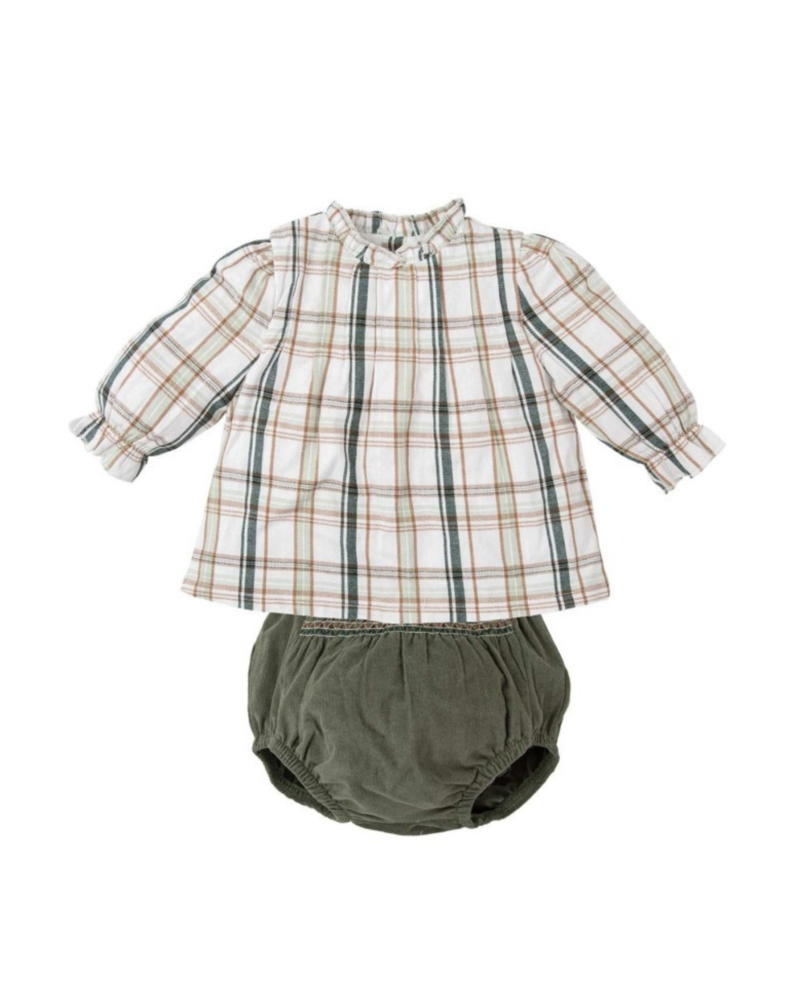 Plaid Pleated Shirt/Bloomer Set {Tan/Olive}