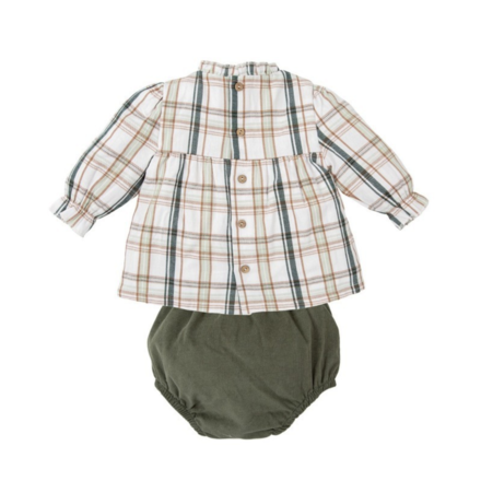 Plaid Pleated Shirt/Bloomer Set {Tan/Olive}